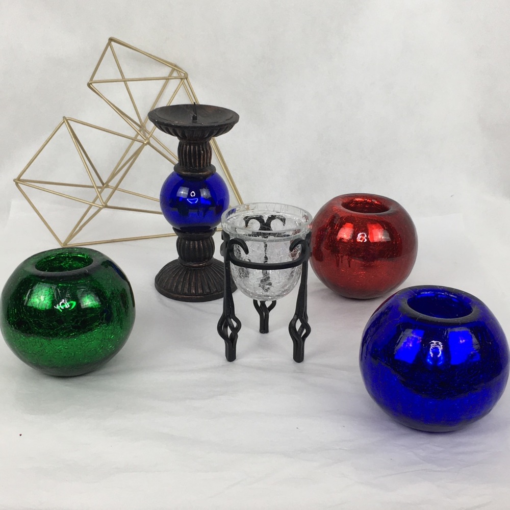 Red Green Blue & Clear Glass Candle Holders